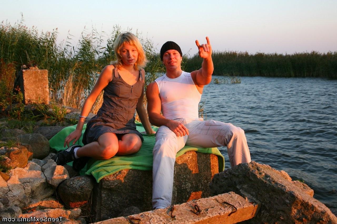 15P Innocent blonde teen satisfy two guys outdoors