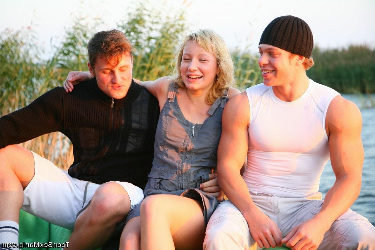 15P Innocent blonde teen satisfy two guys outdoors