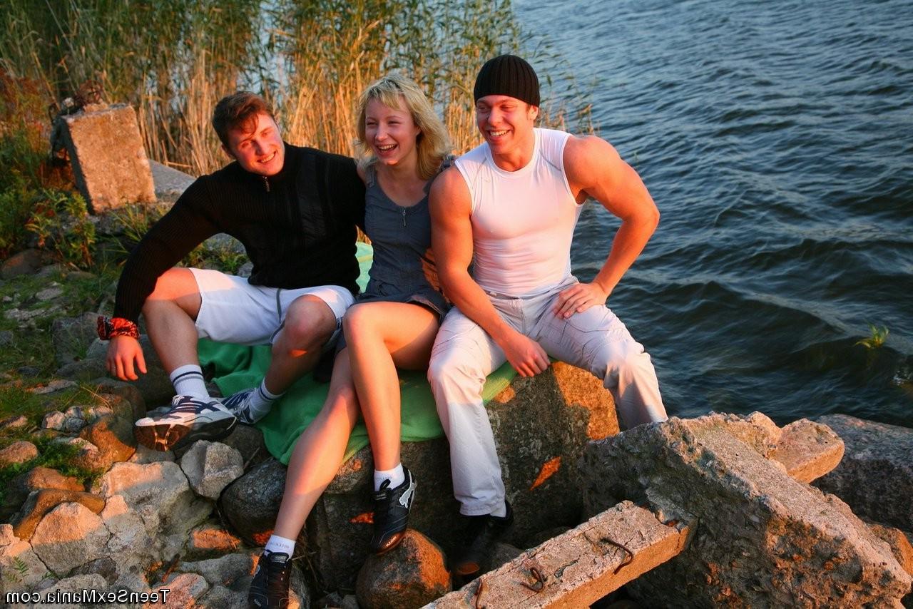 15P Innocent blonde teen satisfy two guys outdoors