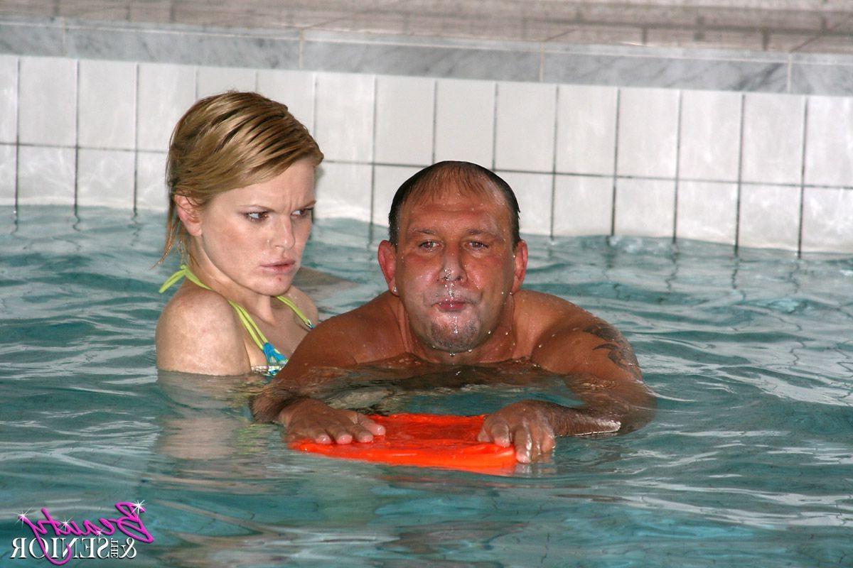 14P Cute female swim instructor banging a horny senior
