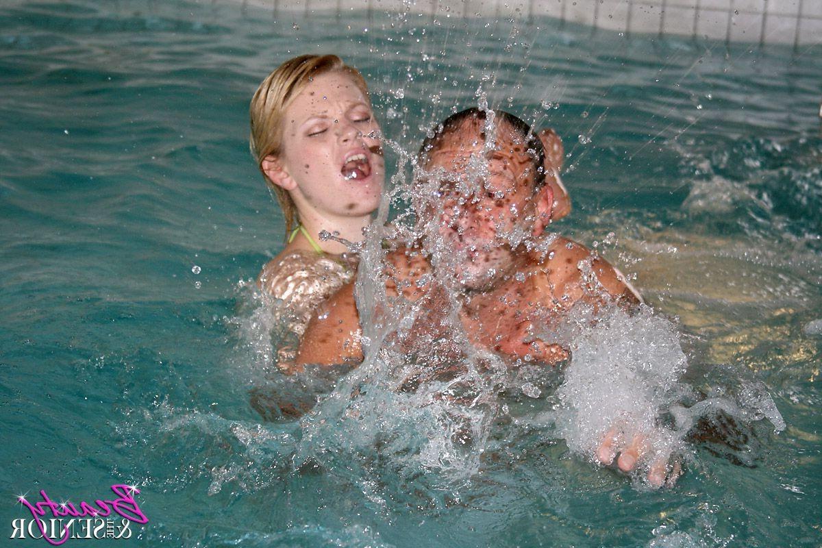 14P Cute female swim instructor banging a horny senior