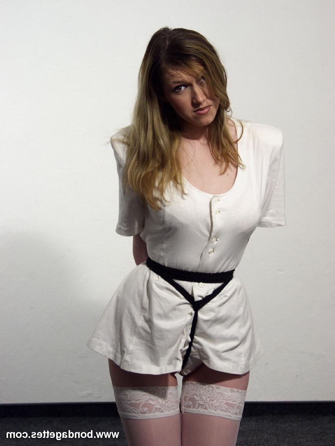16P Amateur subbie Isanne is bound with black ropes whilst wearing w