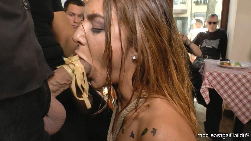 25P Lullu Gun is bound in public naked takes cocks in mouth and puss