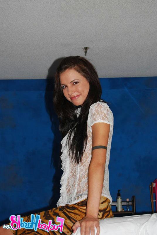 17P Young beautiful brunette babe getting nailed on table