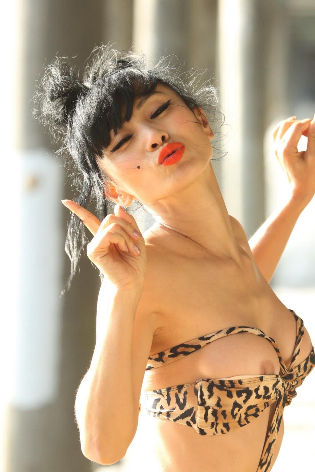 16P Bai Ling nipple slip in tiny animal printed swimsuit