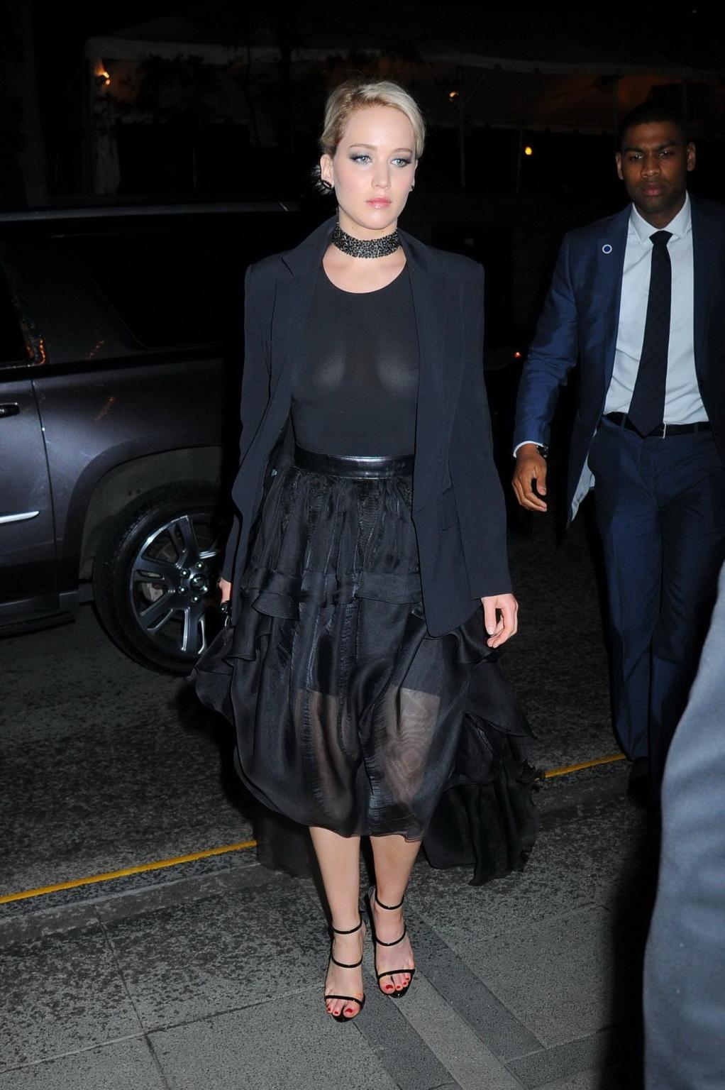 16P Jennifer Lawrence showing boobs in black sheer outfit