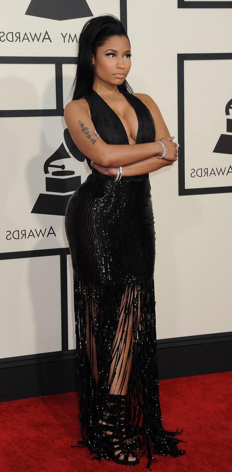 16P Nicki Minaj shows off her huge boobs in black transparent low cut dress at the 5