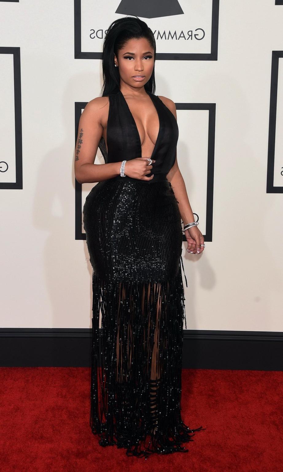 16P Nicki Minaj shows off her huge boobs in black transparent low cut dress at the 5