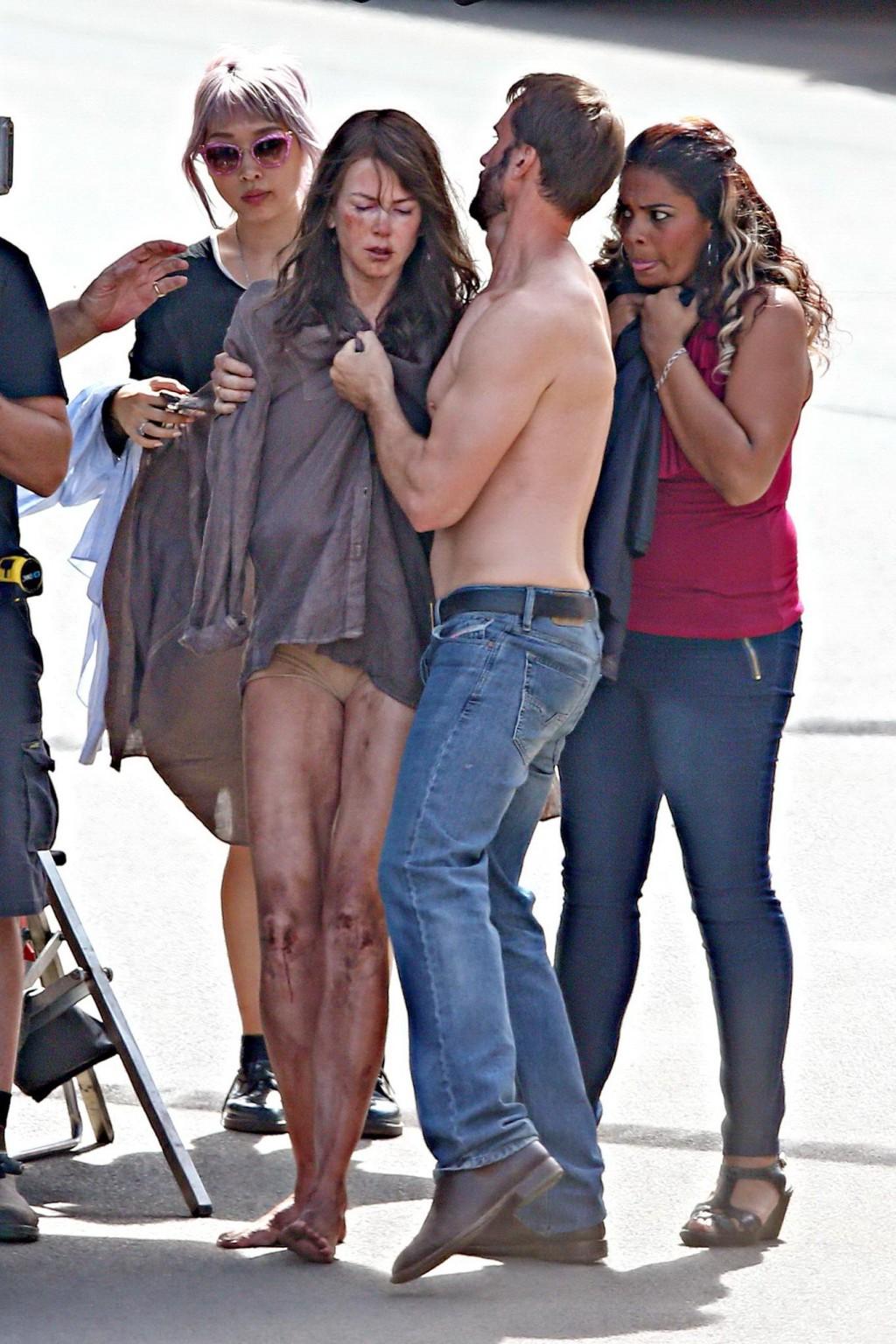 16P Nicole Kidman all dirty wearing panties and shirt on the Strangerland set in Can
