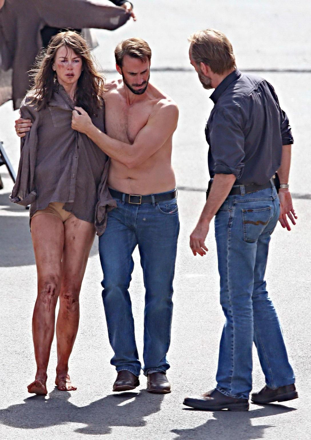 16P Nicole Kidman all dirty wearing panties and shirt on the Strangerland set in Can