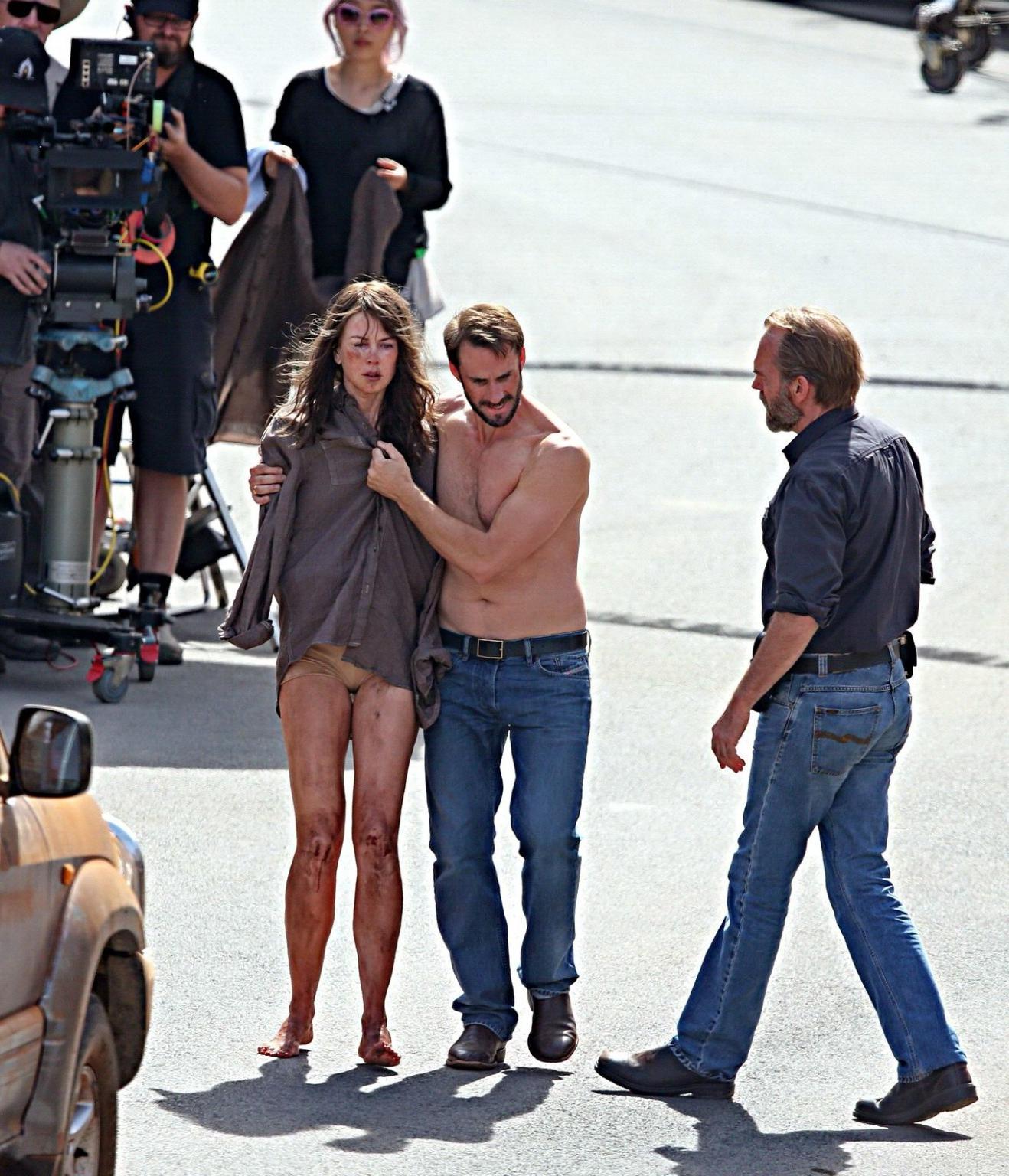 16P Nicole Kidman all dirty wearing panties and shirt on the Strangerland set in Can
