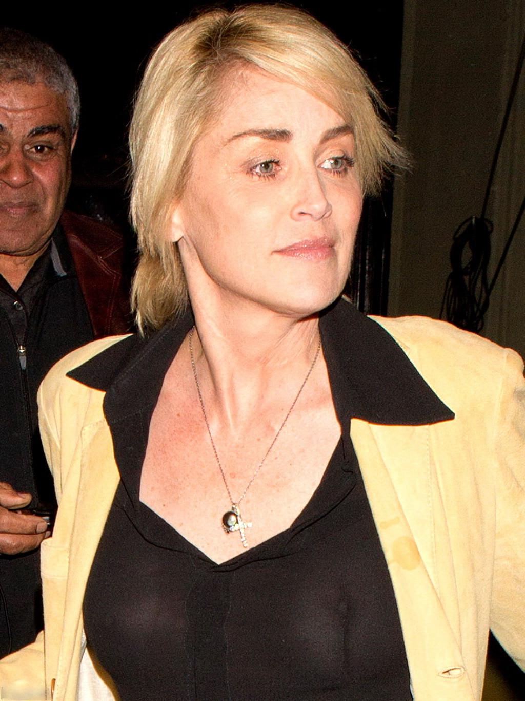 16P Sharon Stone braless wearing a see through shirt outside Craig's Restaurant in L