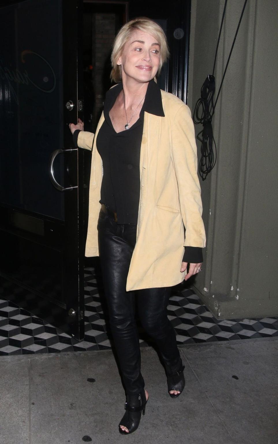 16P Sharon Stone braless wearing a see through shirt outside Craig's Restaurant in L