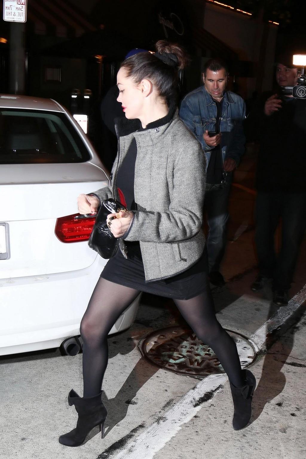 16P Rose McGowan shows off her big boobs wearing a see through mini dress outside Cr