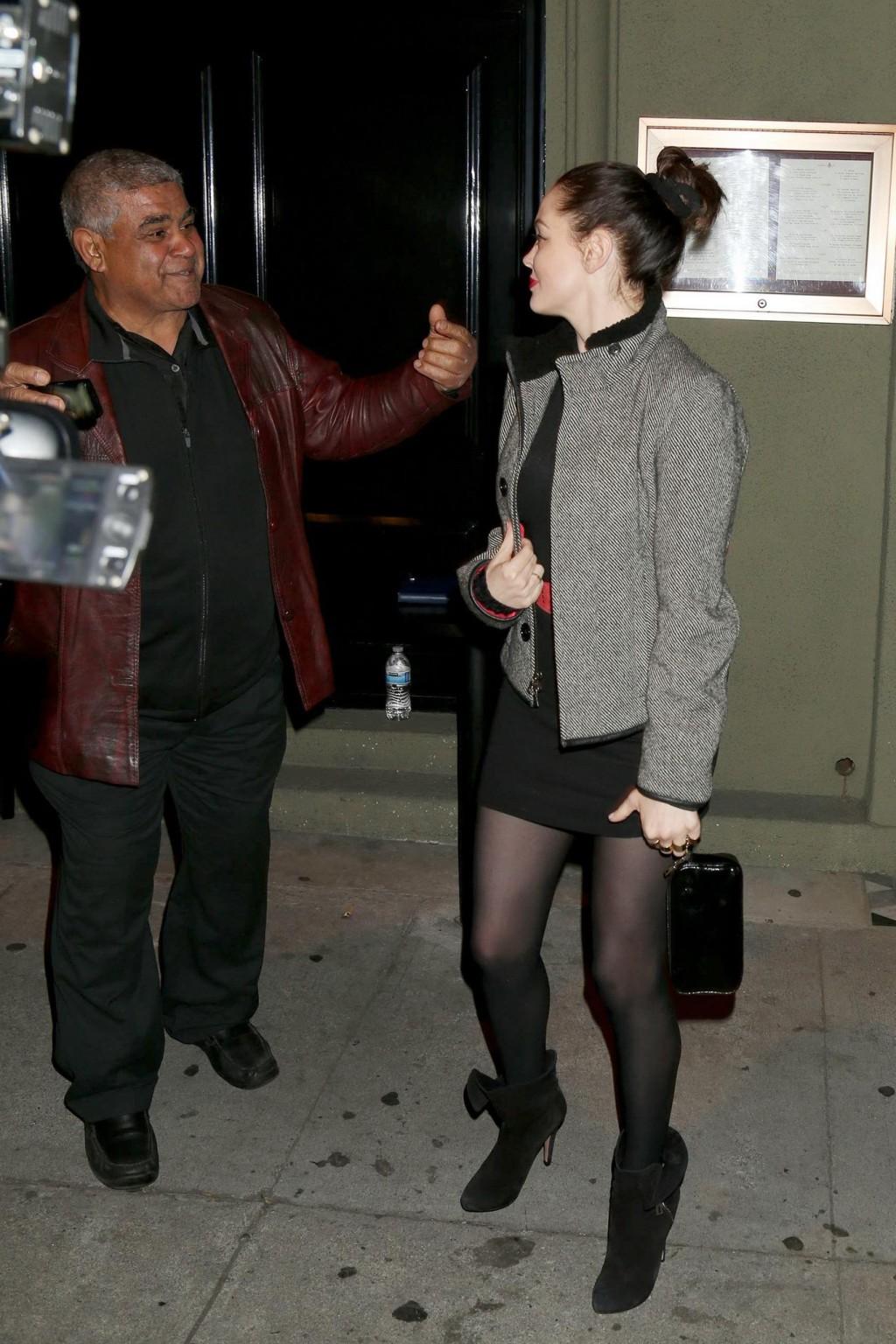 16P Rose McGowan shows off her big boobs wearing a see through mini dress outside Cr