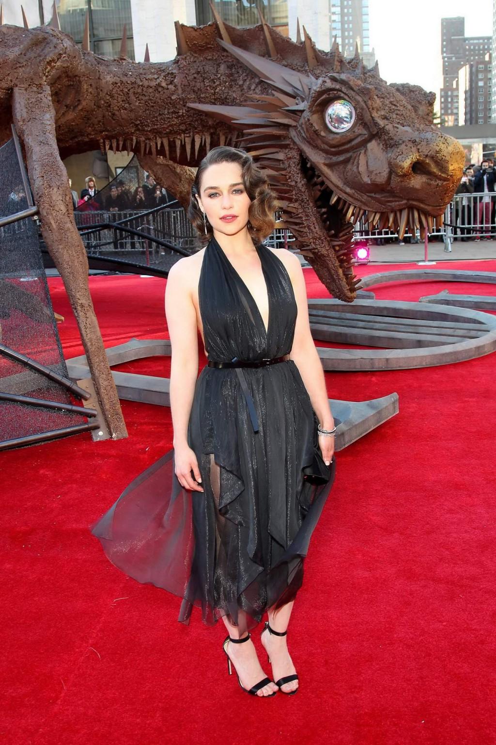 16P Emilia Clarke braless wearing black partially see-through dress at the Game of T