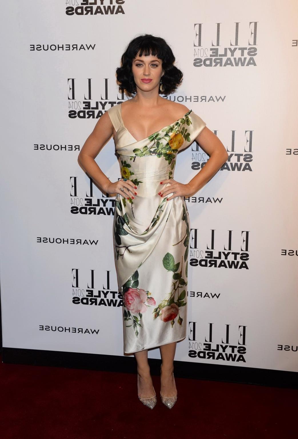 16P Katy Perry braless showing huge cleavage in a hot flower print dress at ELLE Sty