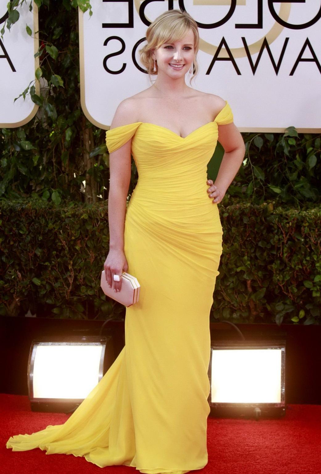 16P Busty Melissa Rauch wearing a yellow low cut dress at the 71st Annual Golden Glo