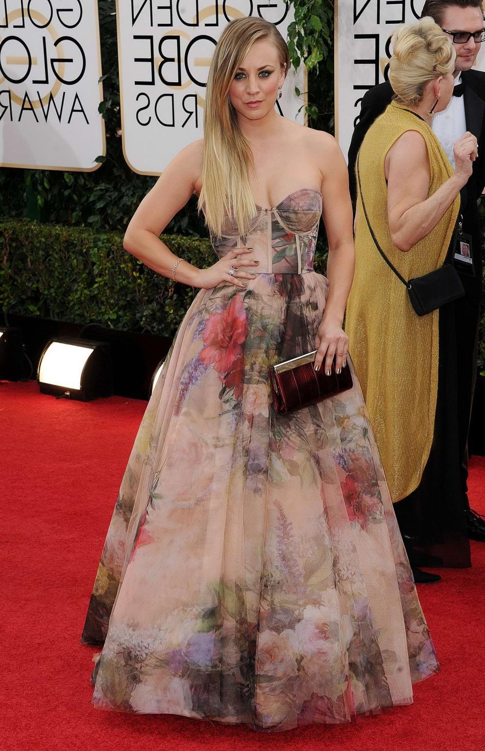 16P Kaley Cuoco busty wearing a strapless maxi dress at the 71st Annual Golden Globe