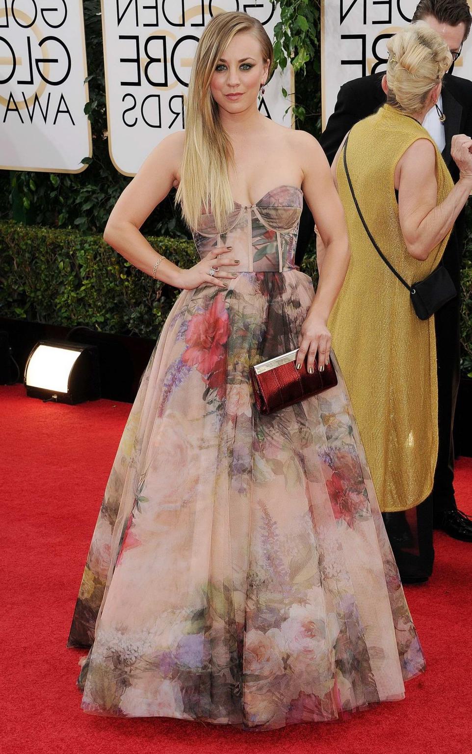 16P Kaley Cuoco busty wearing a strapless maxi dress at the 71st Annual Golden Globe