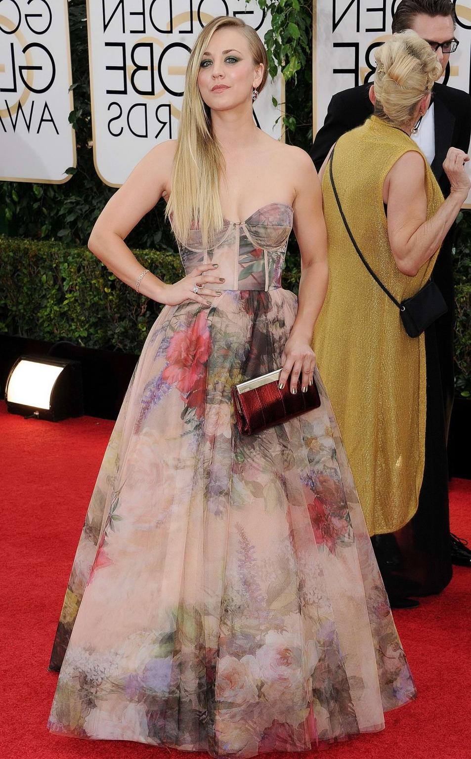 16P Kaley Cuoco busty wearing a strapless maxi dress at the 71st Annual Golden Globe