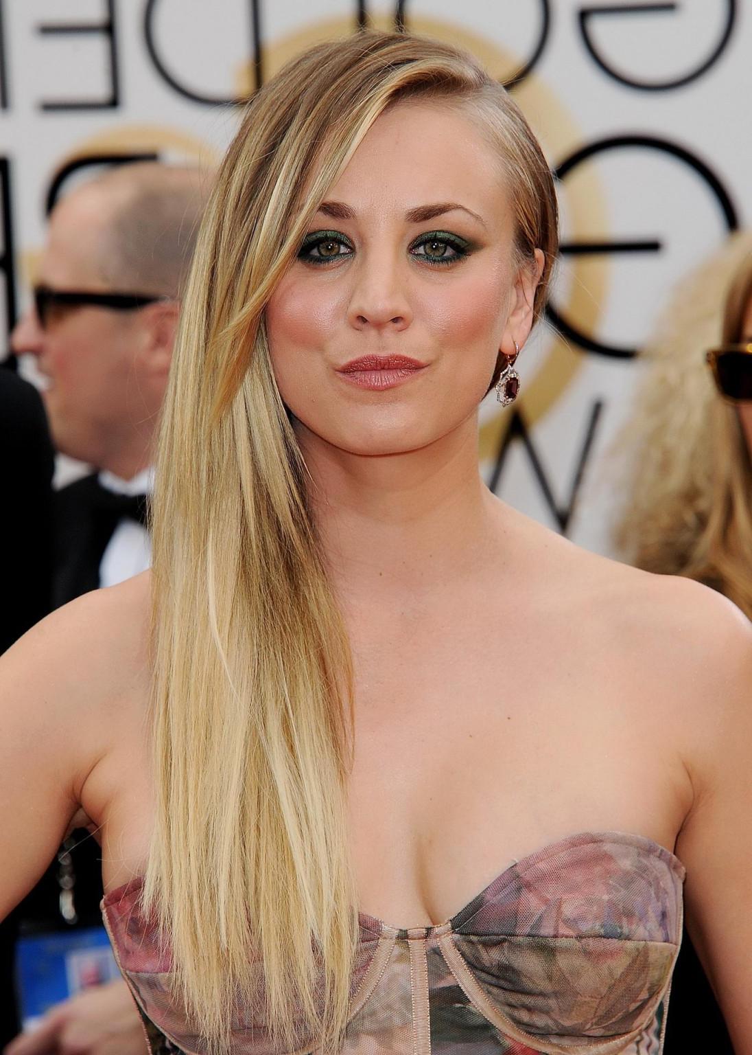 16P Kaley Cuoco busty wearing a strapless maxi dress at the 71st Annual Golden Globe