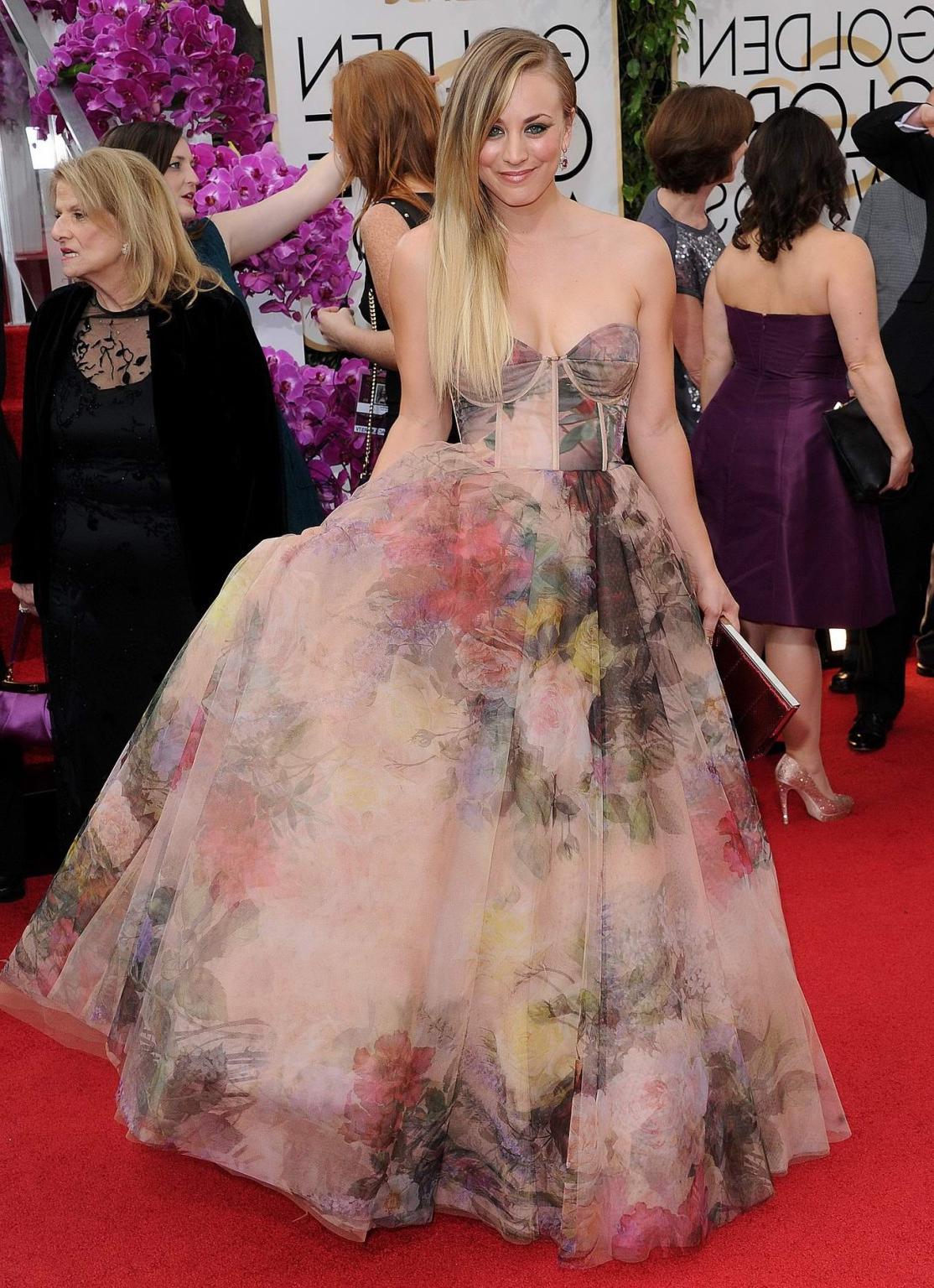 16P Kaley Cuoco busty wearing a strapless maxi dress at the 71st Annual Golden Globe