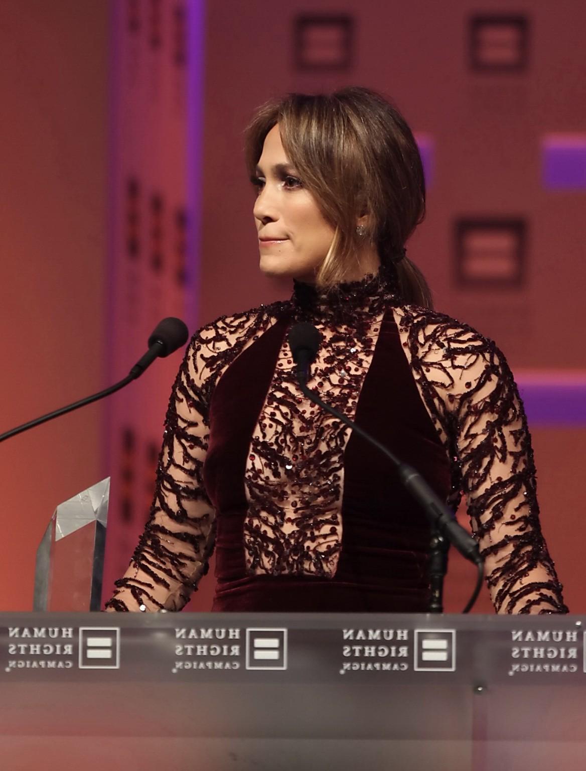 16P Jennifer Lopez braless wearing gorgeous black see-through dress at 2013 HRC Nati