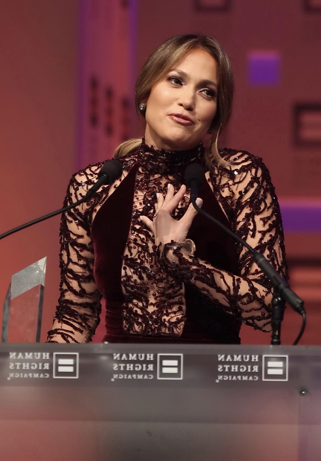 16P Jennifer Lopez braless wearing gorgeous black see-through dress at 2013 HRC Nati