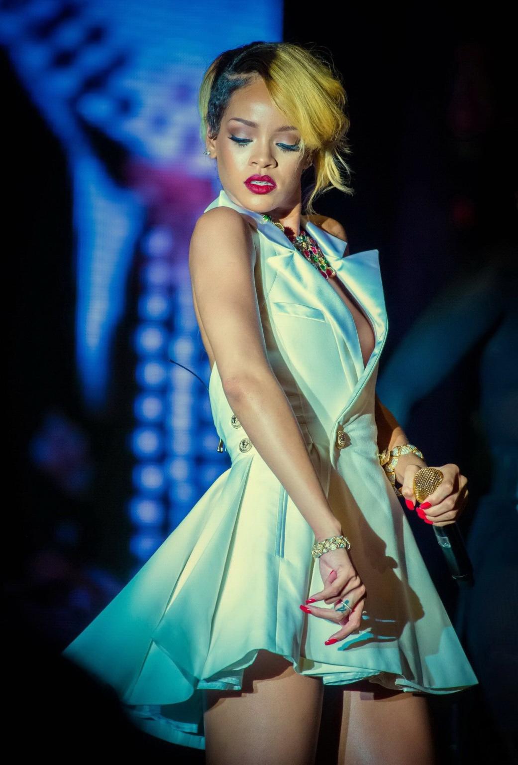 16P Rihanna shows huge cleavage and nipple piercing wearing white mini dress and fuc