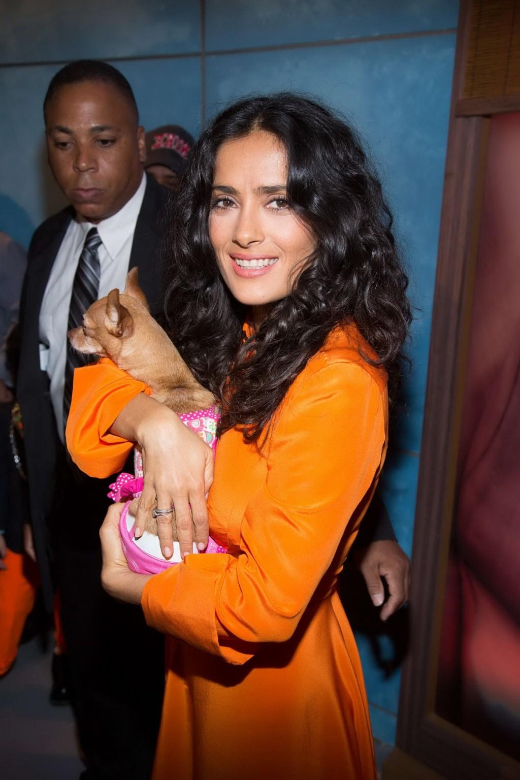 16P Salma Hayek upskirt wearing short orange dress at Despierta America Show in Miam