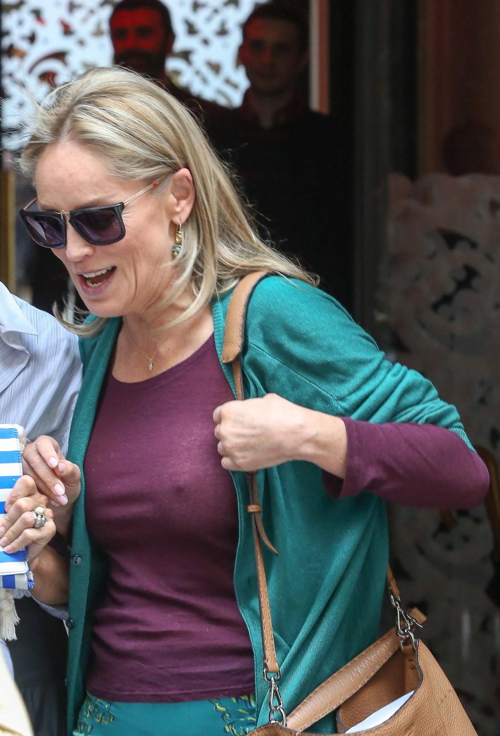 16P Sharon Stone showing off her huge boobs in a purple see-through top out in Paris