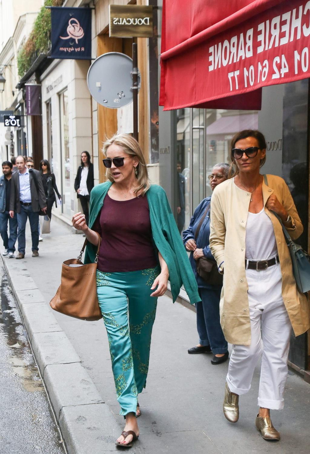 16P Sharon Stone showing off her huge boobs in a purple see-through top out in Paris