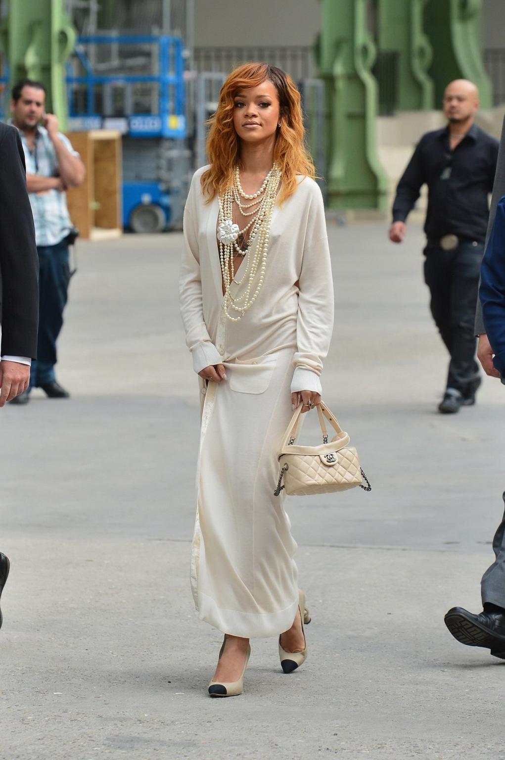 16P Rihanna posing naked under a wide open see-through cardigan for Chanel at Paris 