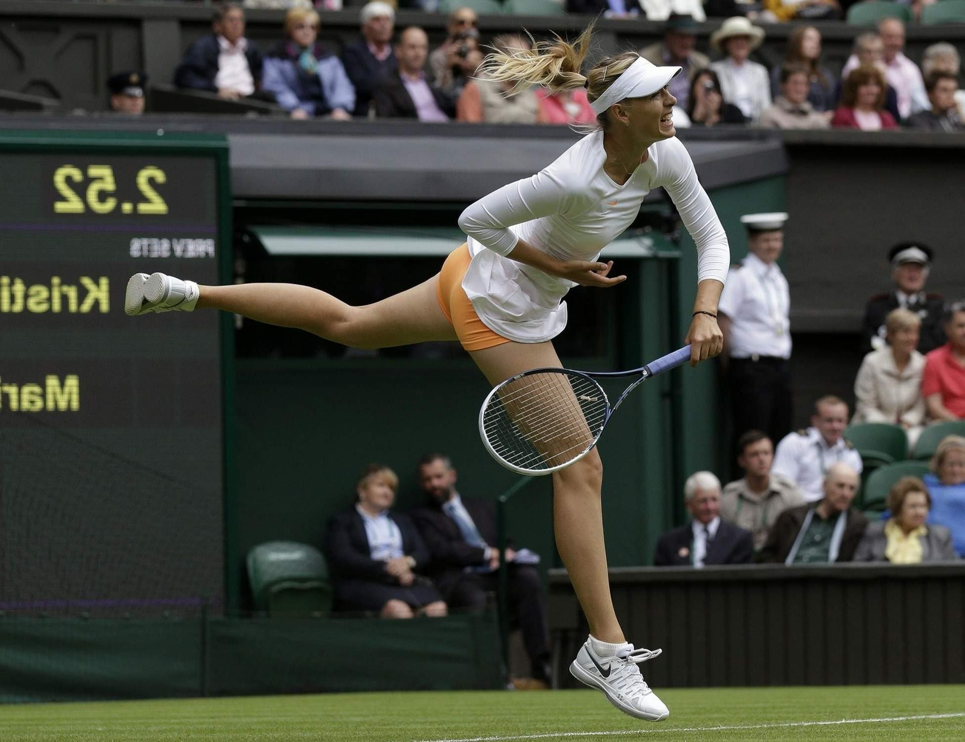 16P Maria Sharapova flashing her orange panties at the Wimbledon 2013 Day 1 in Londo