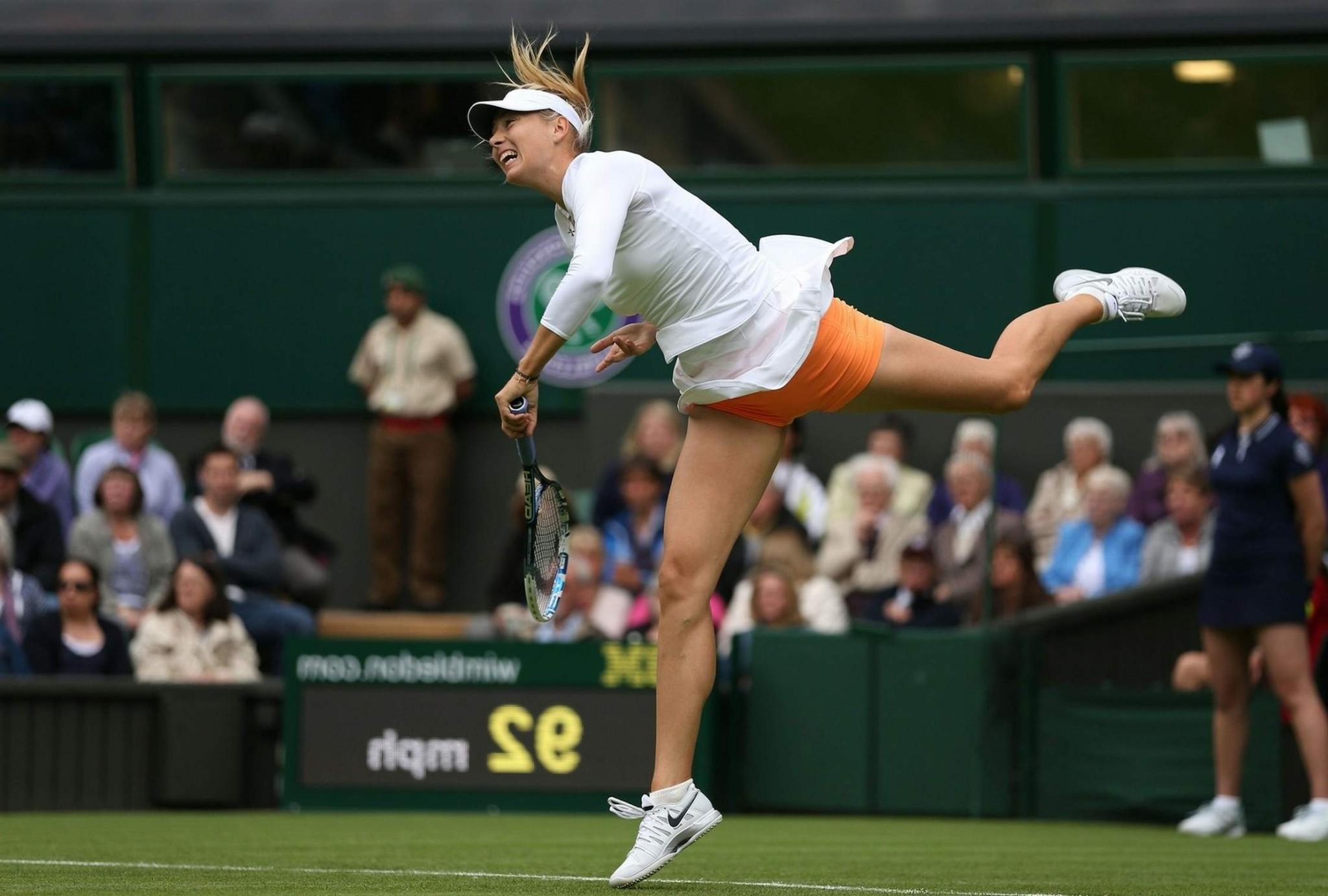 16P Maria Sharapova flashing her orange panties at the Wimbledon 2013 Day 1 in Londo