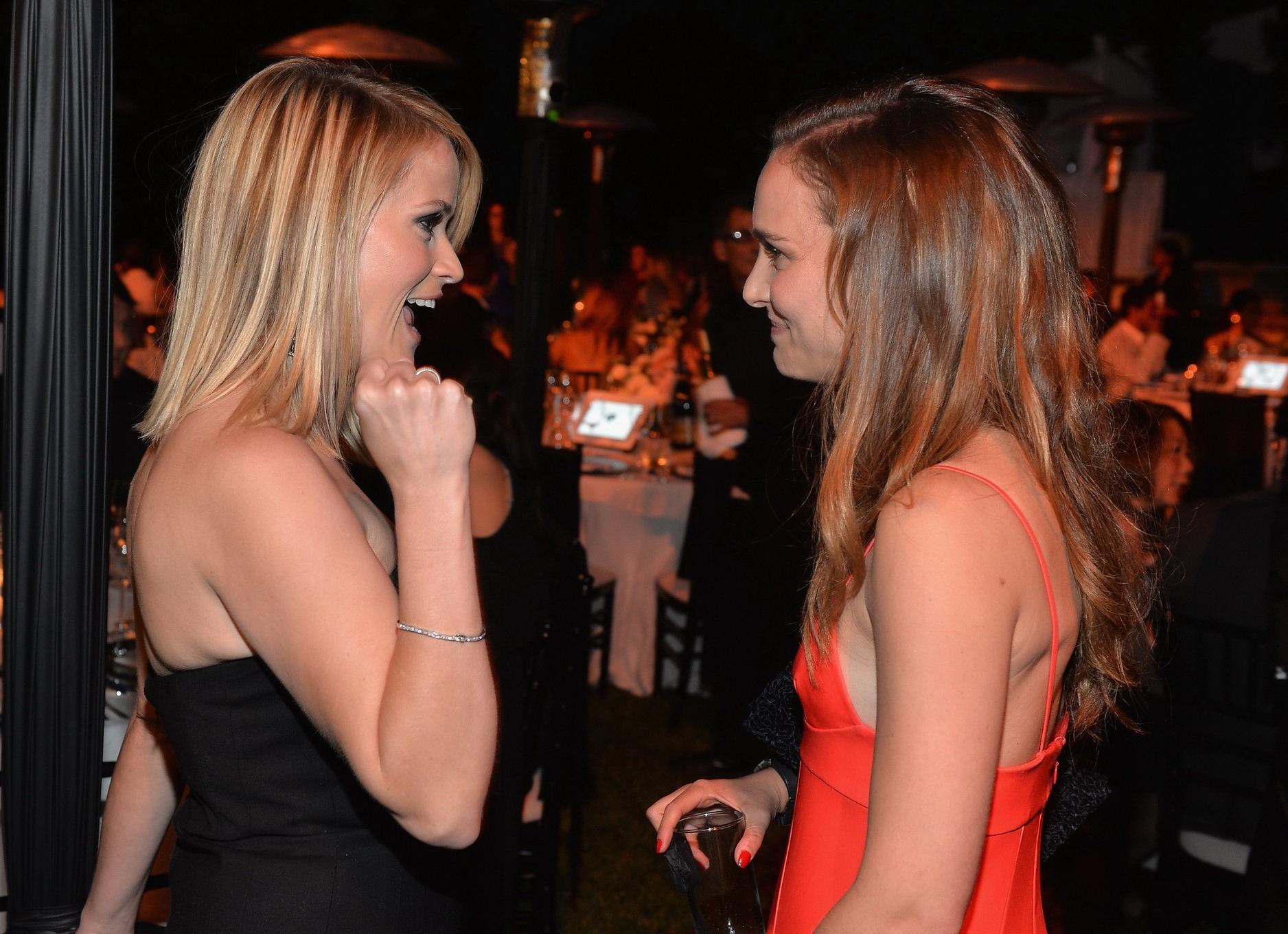 16P Natalie Portman showing big cleavage in a red hot maxi dress at the 2013 Los Ang