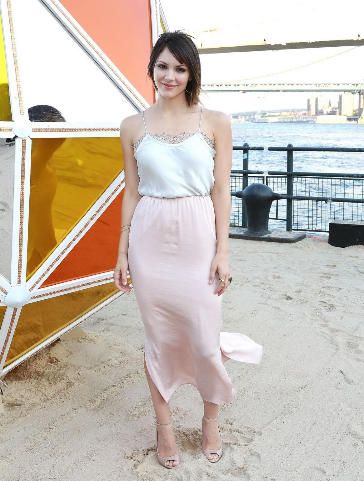 16P Katharine McPhee braless showing big cleavage in a flesh colored maxi dress at t