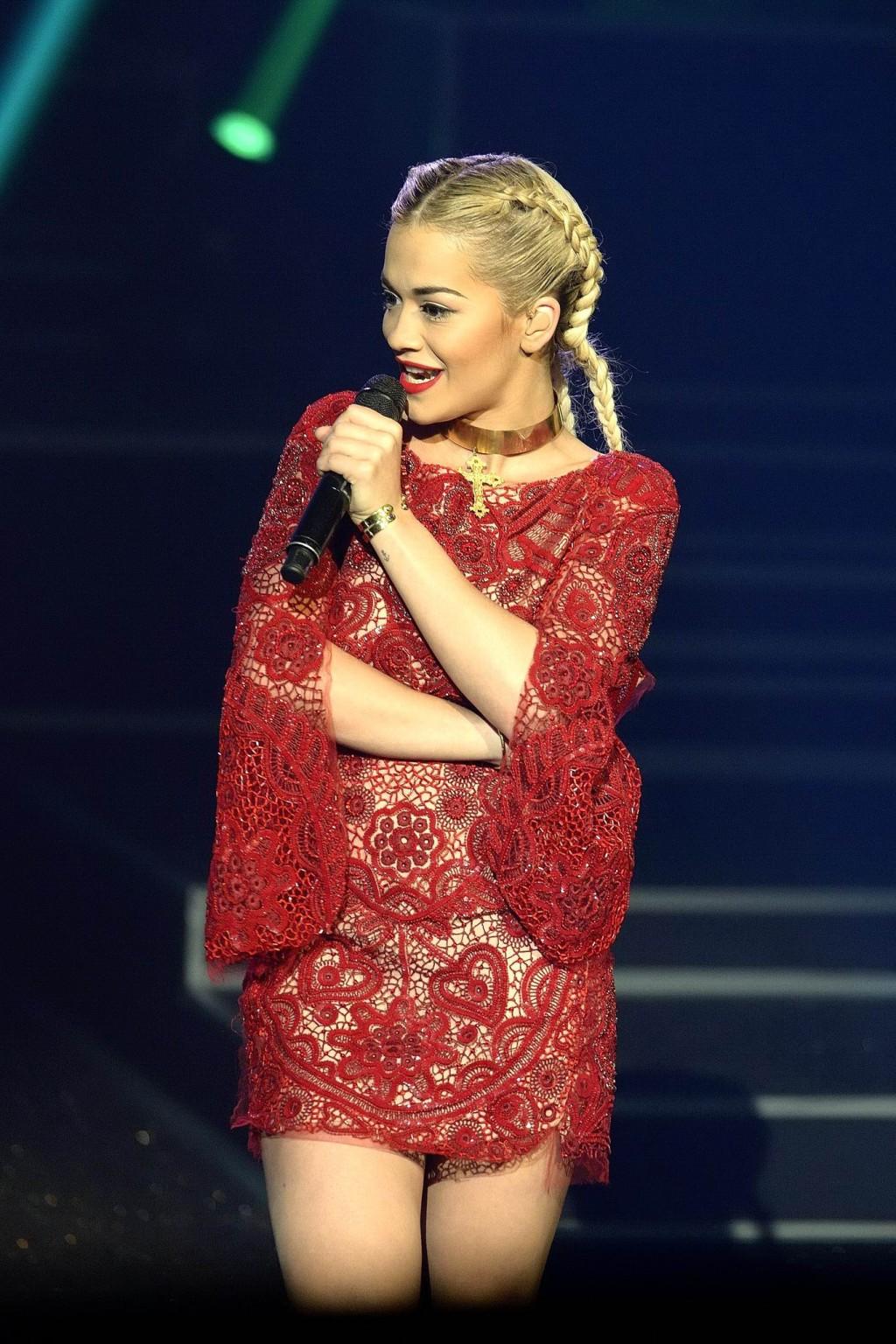 16P Rita Ora upskirt wearing a mini dress  sandals at the Etam Fashion Show in Paris