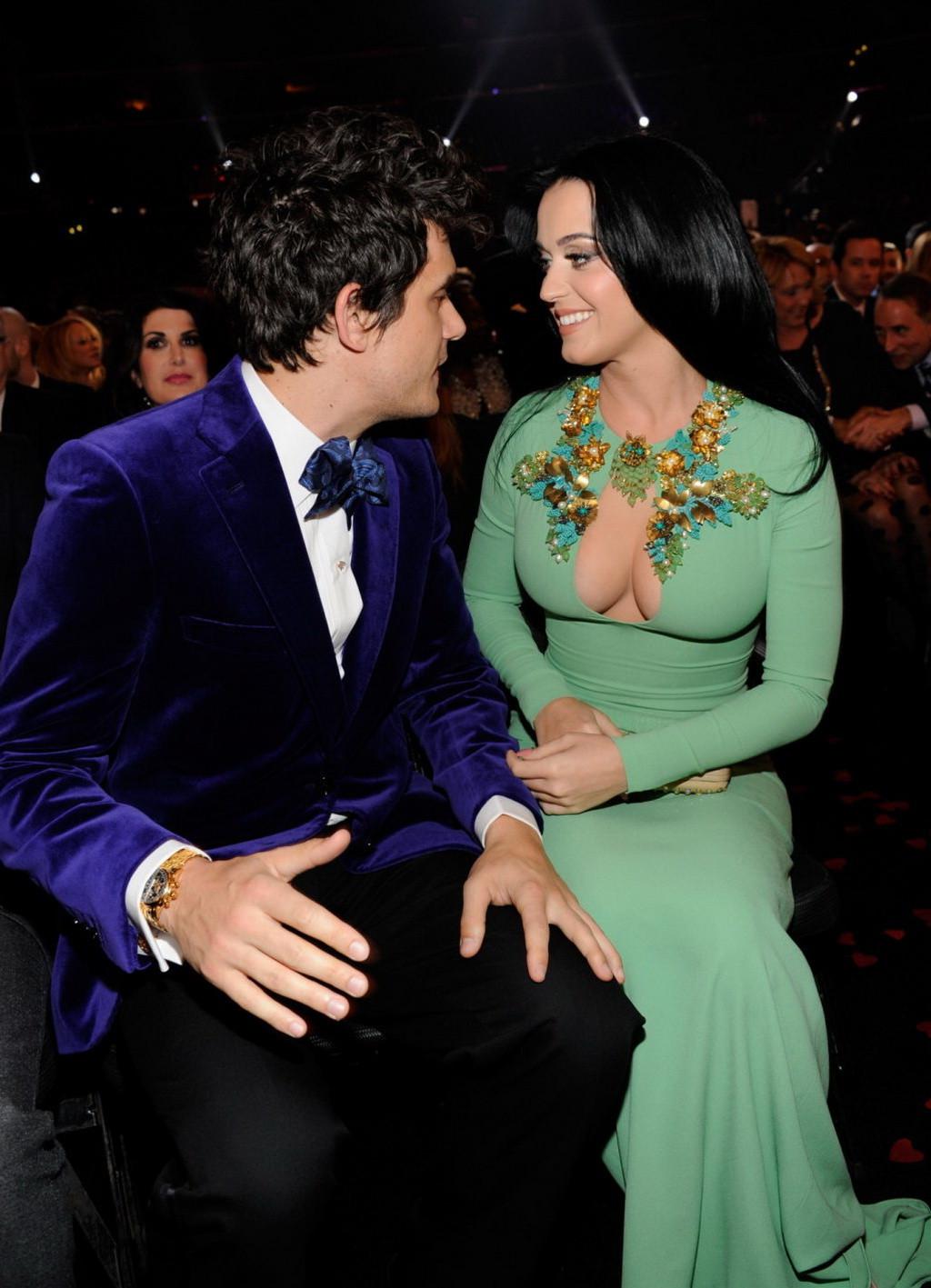 10P Katy Perry showing epic cleavage in a tight green dress at 55th Annual Grammy Aw