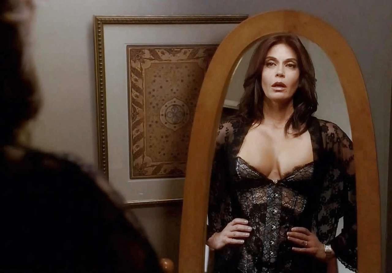 10P Teri Hatcher in red lingerie and black stockings and showing her tits