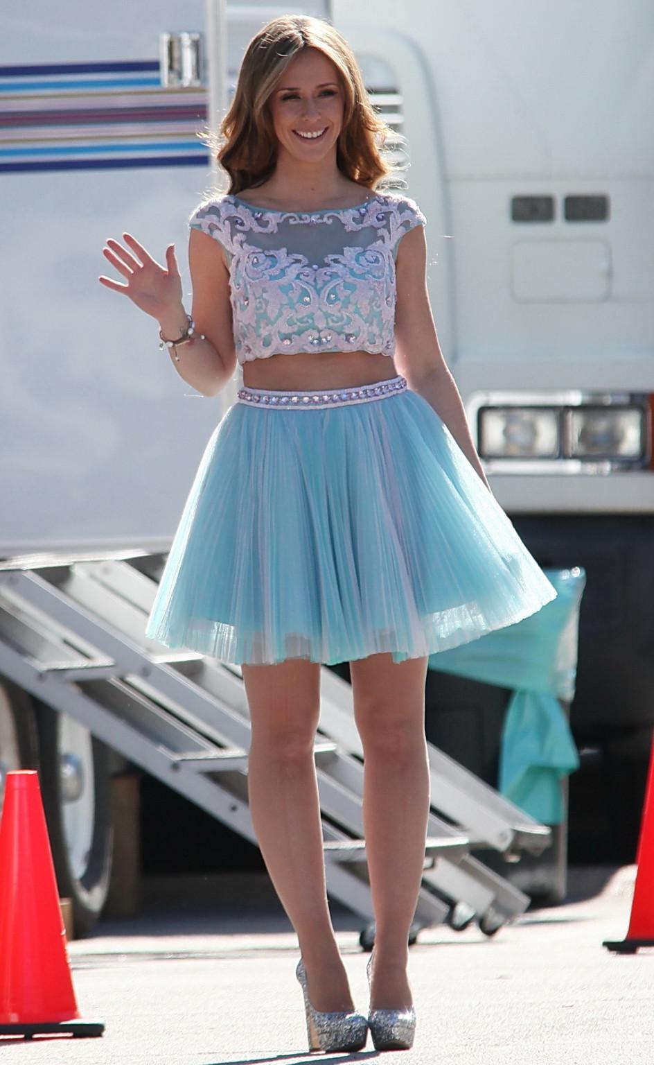 10P Jennifer Love Hewitt busty  leggy in see-through top and mini skirt while filmin