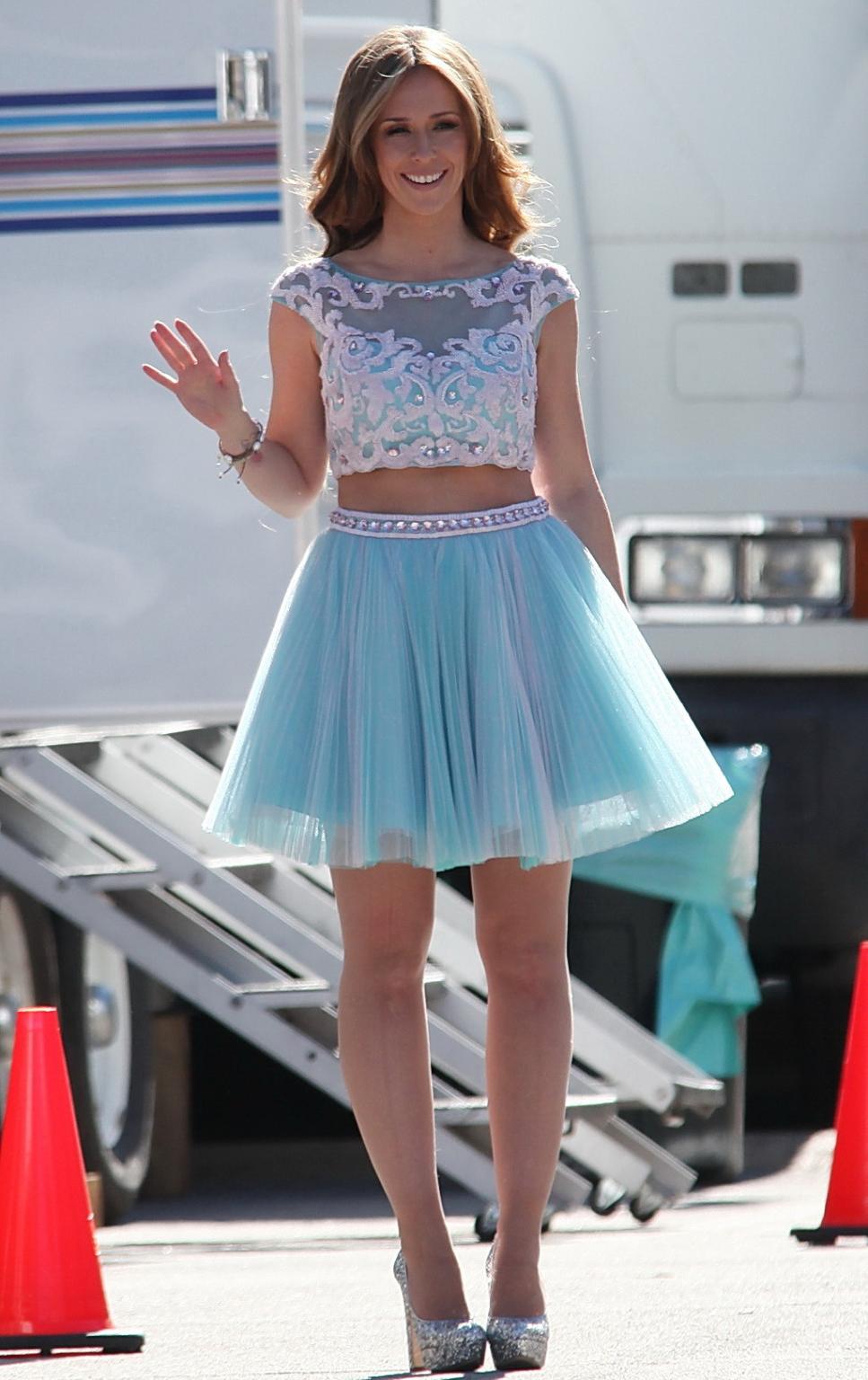 10P Jennifer Love Hewitt busty  leggy in see-through top and mini skirt while filmin