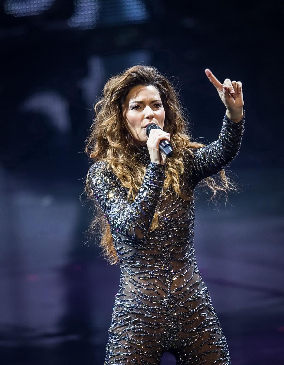 10P Shania Twain in partially see-through skin tight jumpsuit performing live at Sha