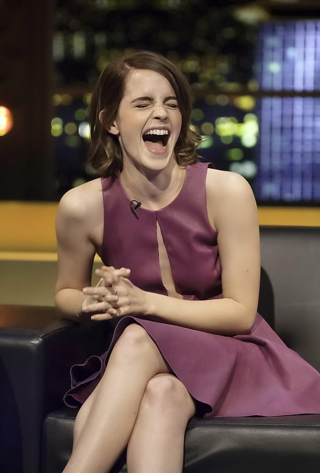 10P Emma Watson leggy shows cleavage in a short low cut leather dress on the Jonatha