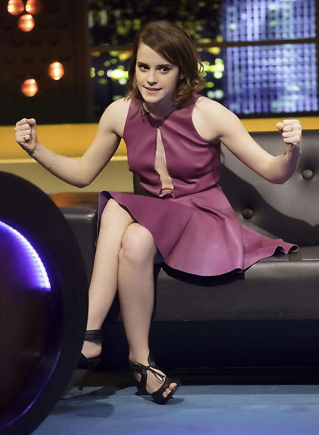 10P Emma Watson leggy shows cleavage in a short low cut leather dress on the Jonatha