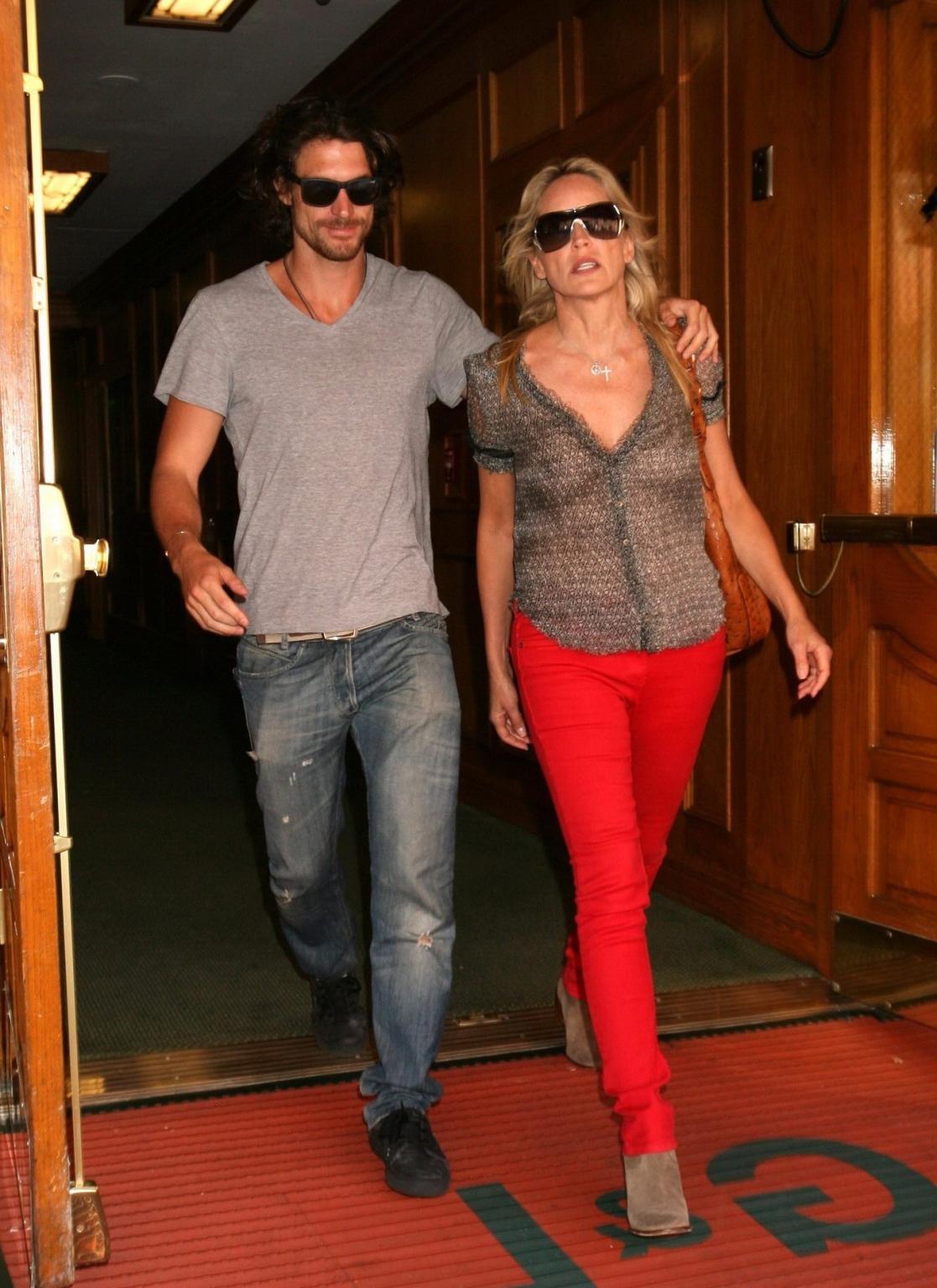 10P Sharon Stone braless in see through top leaving a doctor's office in Beverly Hil
