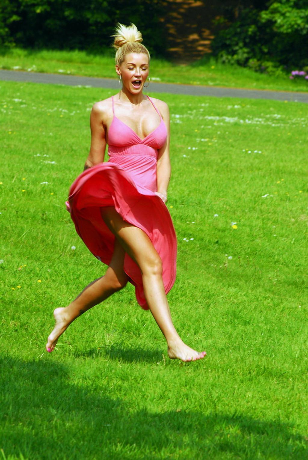 10P Holly Henderson flashing panties and tanning her melons braless in red mini dres