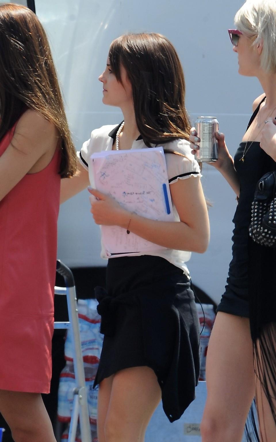 16P Emma Watson leggy wearing a mini skirt on 'The Bling Ring' set in Los Angeles