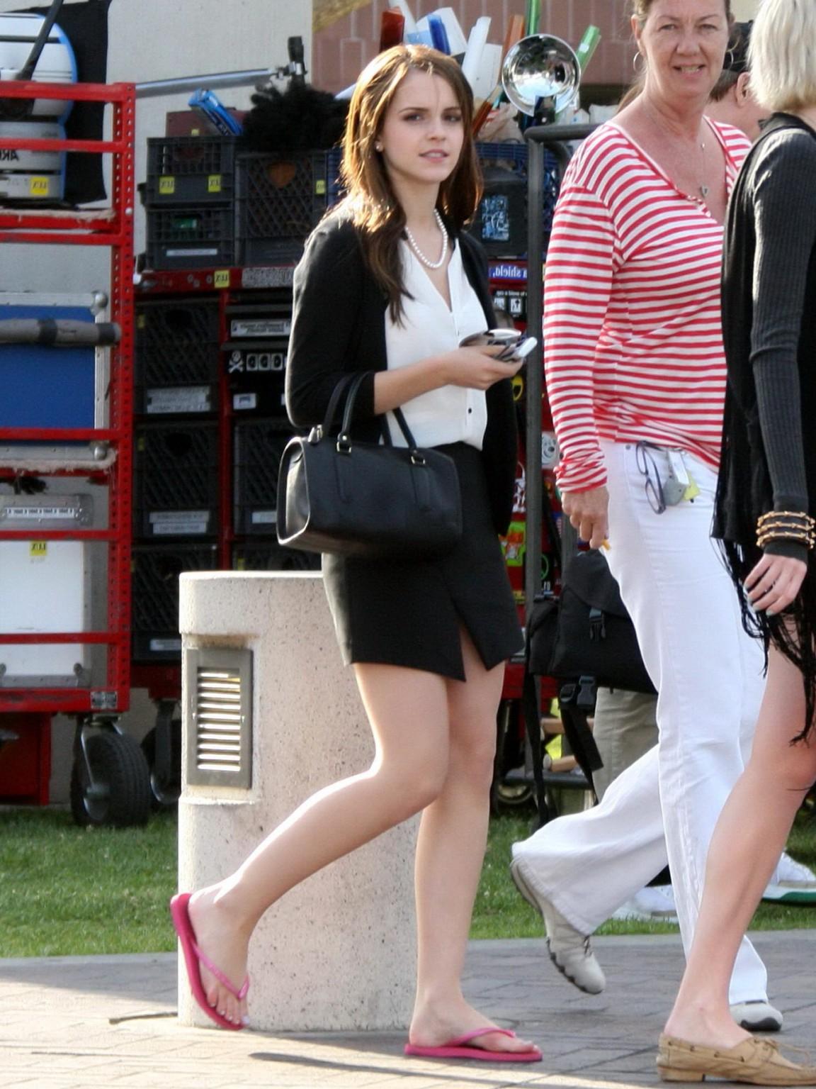 16P Emma Watson leggy wearing a mini skirt on 'The Bling Ring' set in Los Angeles